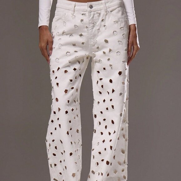 Denim - Women's Mid Rise Straight Leg Hole Detailed Jeans